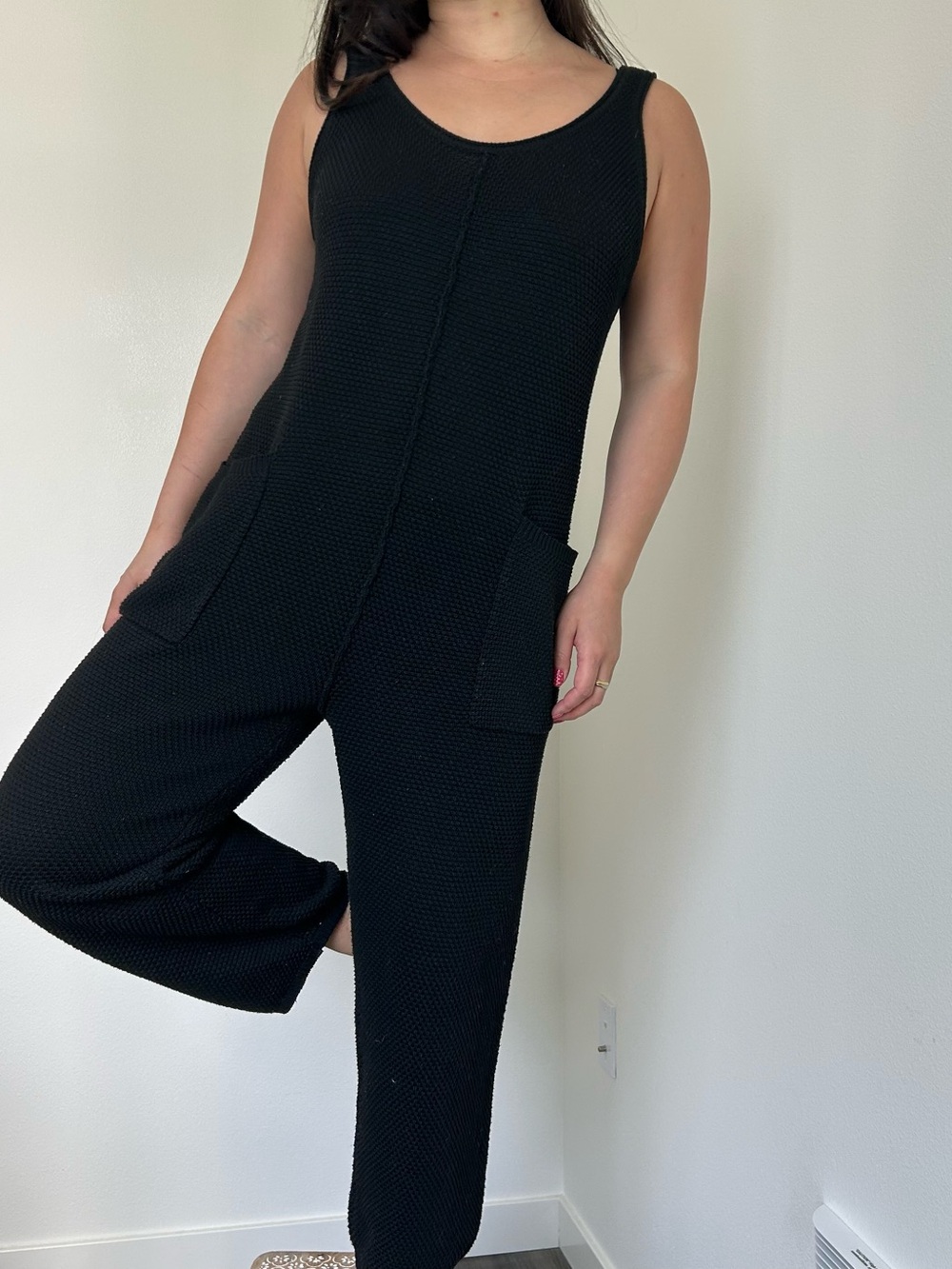 Black Knit Boho Beachcore Jumpsuit with Pockets -M